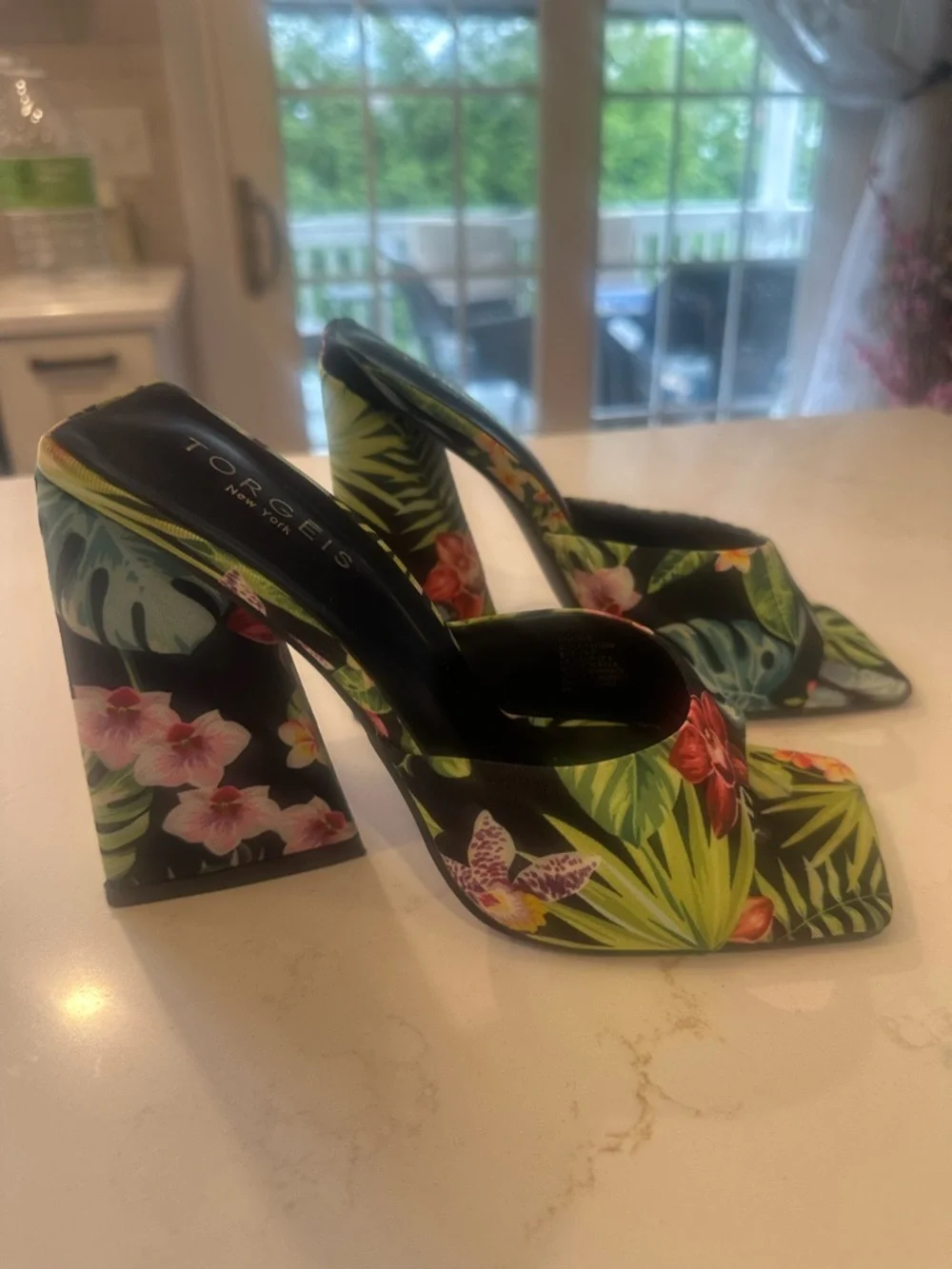 Nordstrom Tropical Floral Wedge Mules - Black with Green & Red Accents - Picture 2 of 4
